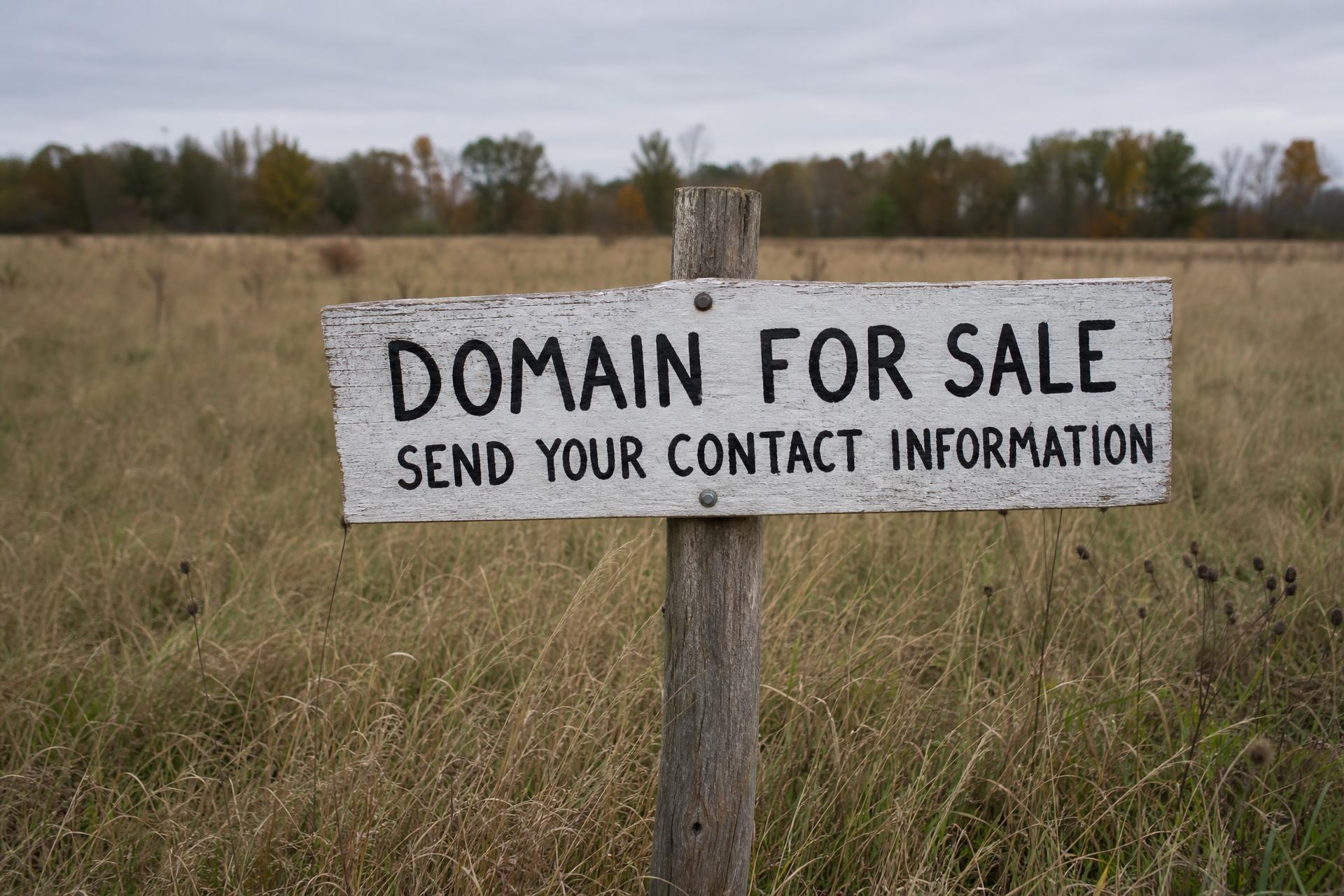 A hand-painted wooden sign in a field reading Domain for sale, send your contact information